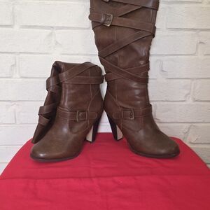 JustFab Brown Heeled Boots with Buckle Straps